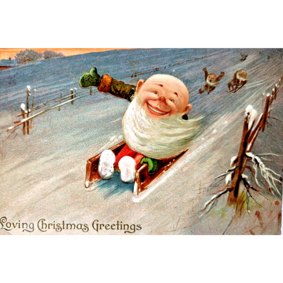 Christmas Postcard Dwarf Gnomes Fantasy Downhill Racing On Sled Tuck Series 8360 - Picture 1 of 3